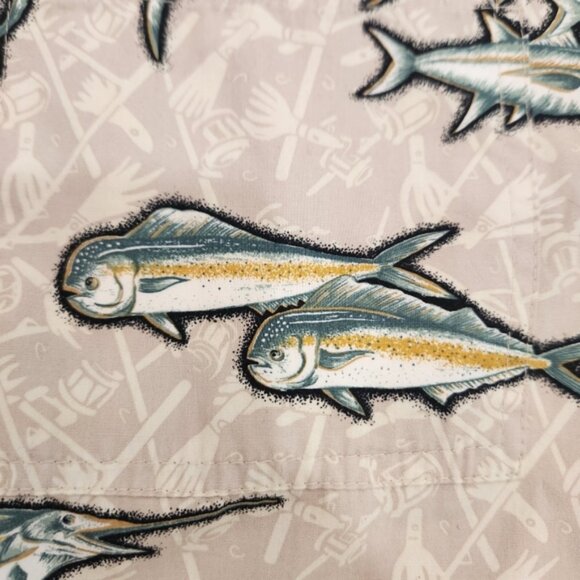 Hook Tackle Hawaiian Shirt Mens XL Cream All Over Fish Print 100% Cotton Beach - Picture 6 of 12